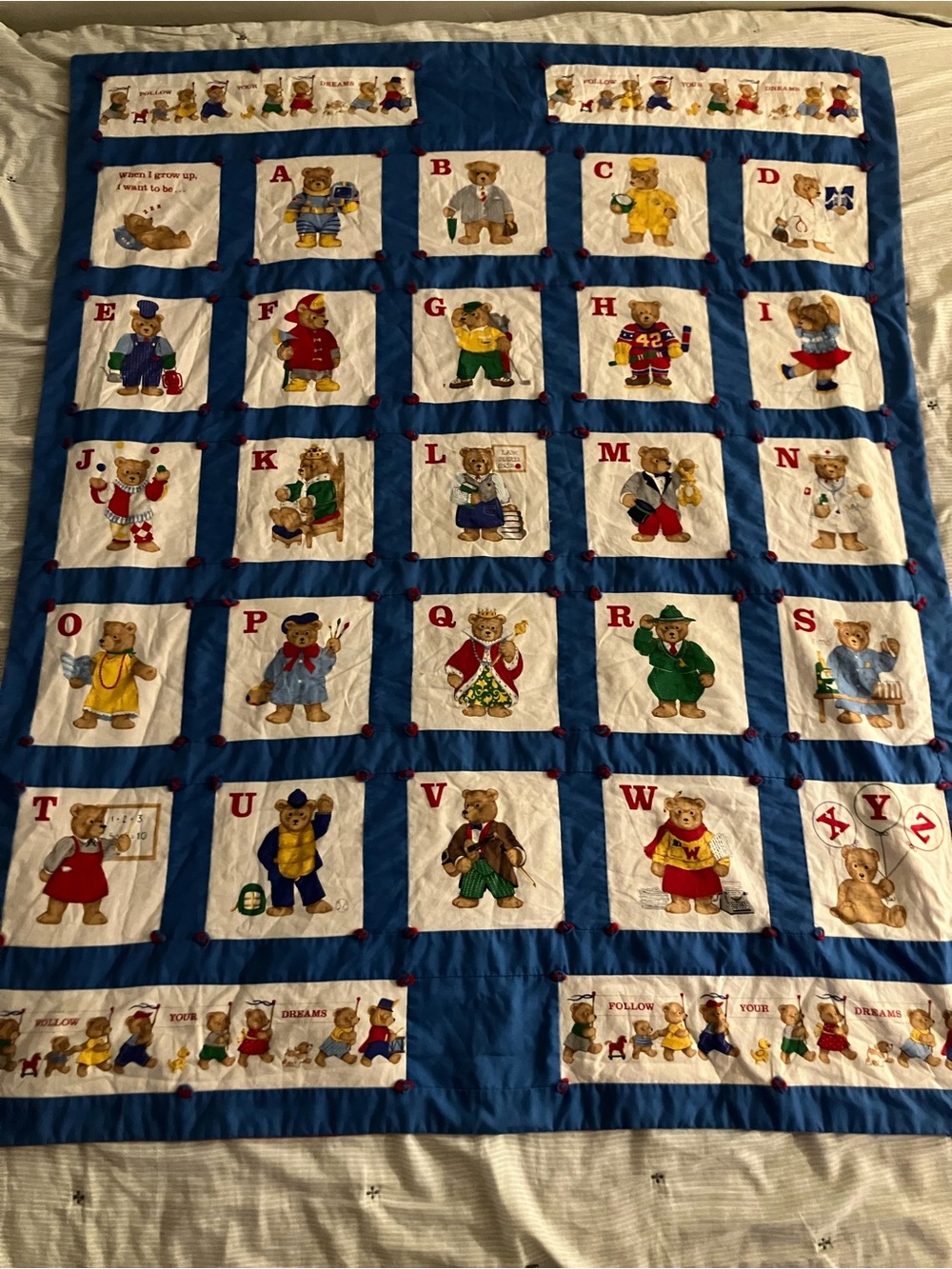 Vintage Children's Alphabet Bear Quilt - Blue and White